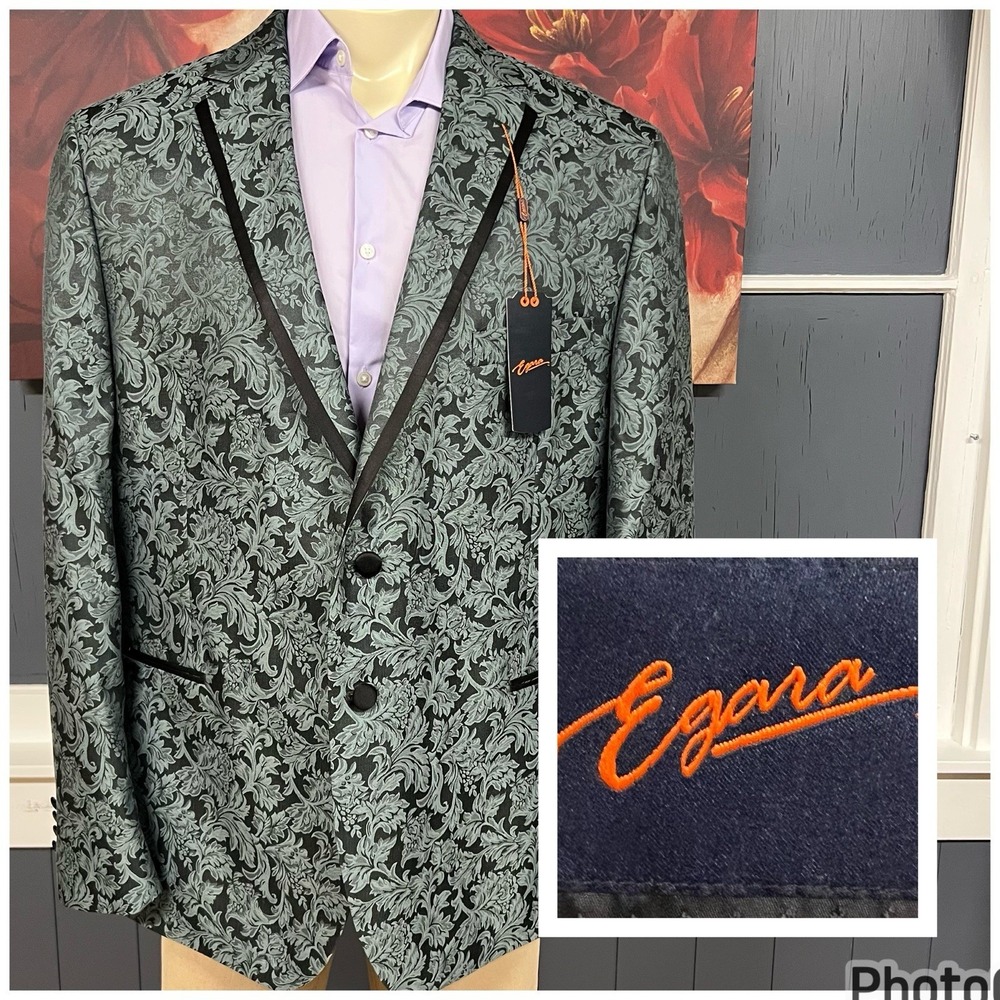 Egara Diner Jacket Tuxedo Blazer Mens‎ 50R Slim Fit Polyester Green/Black Floral